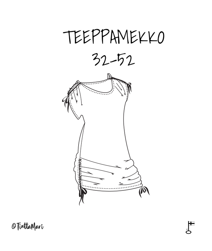 Teeppamekko. Nauhakujat molemmissa sivusaumoissa ja olka-aukollinen solmimisnauhoin